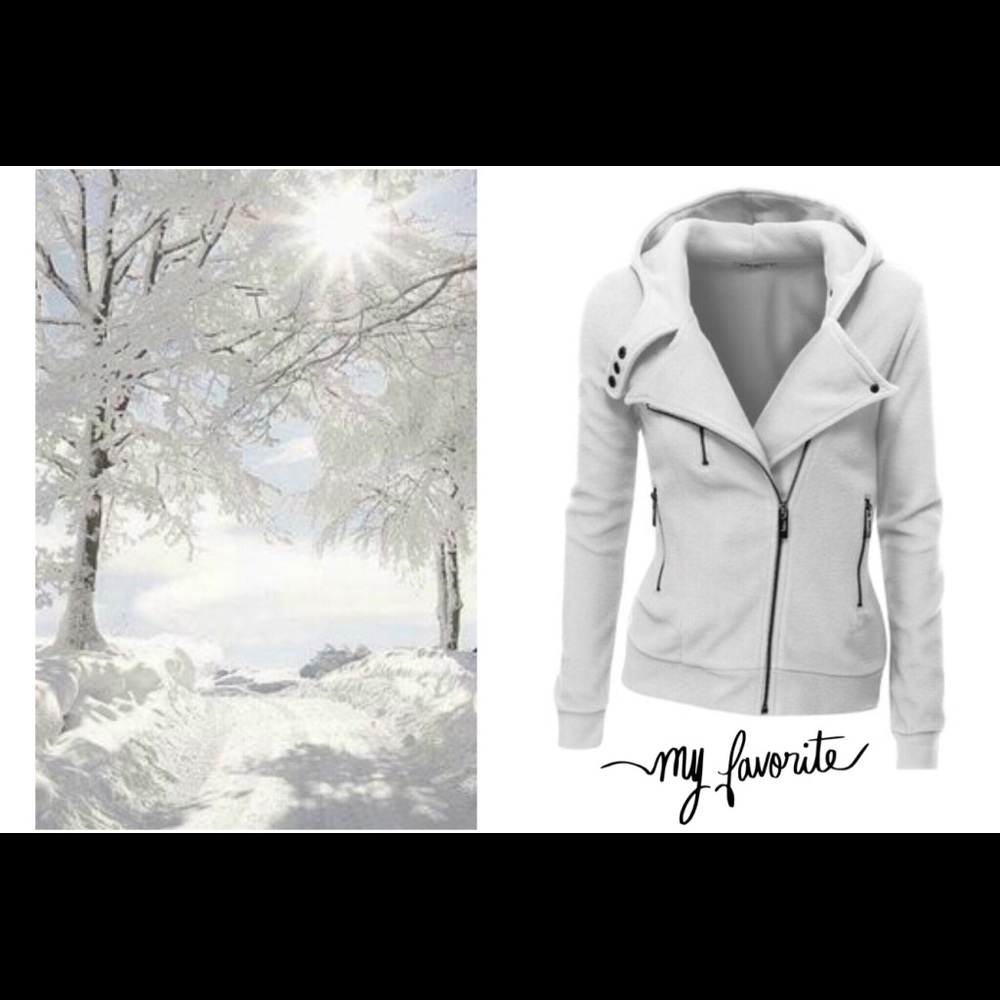 White fleece hooded moto style zip up jacket